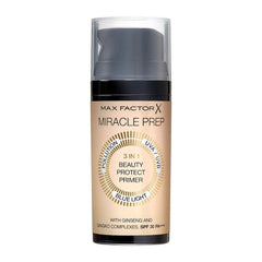 Max Factor Miracle Prep primer SPF 30 bottle with 3 in 1 beauty protect formula and pump dispenser