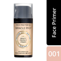Max Factor Miracle Prep primer SPF 30 bottle with 3 in 1 beauty protect formula including ginseng and ginkgo