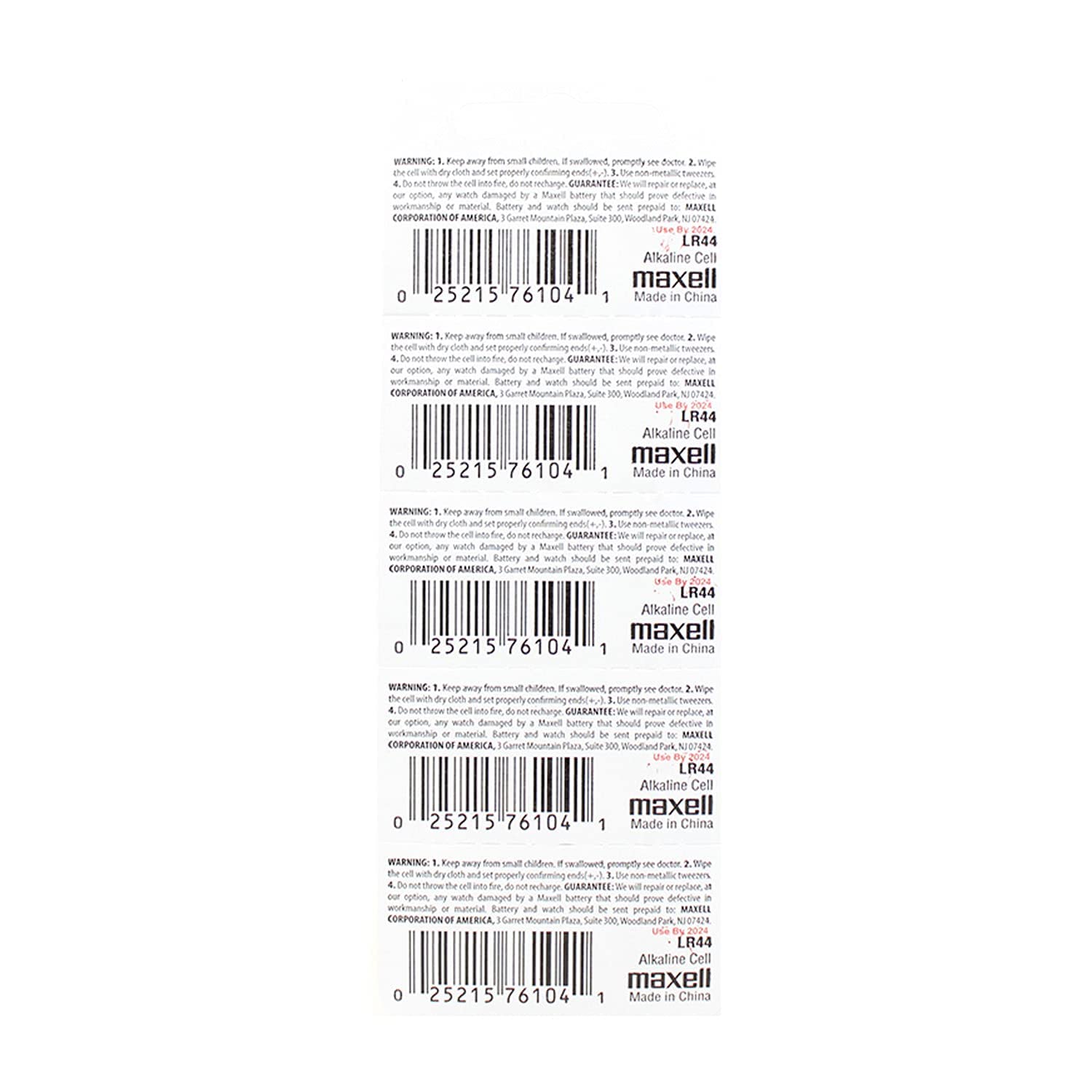 Maxell LR44 batteries pack of 10 alkaline button cell batteries with barcode on white background
