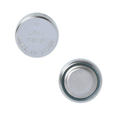 Maxell LR44 batteries pack of 10 showing front and back of silver button cell battery