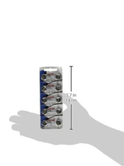 Maxell LR44 batteries pack of 10 in blister packaging with size comparison to hand