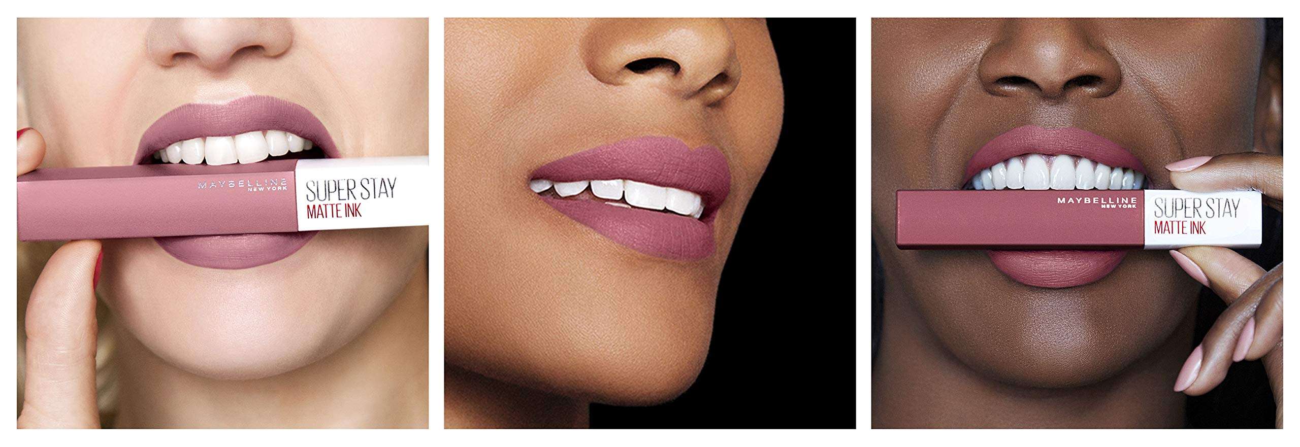 Three models showing mauve lips and holding Maybelline SuperStay Matte Ink lipstick tubes near their mouths