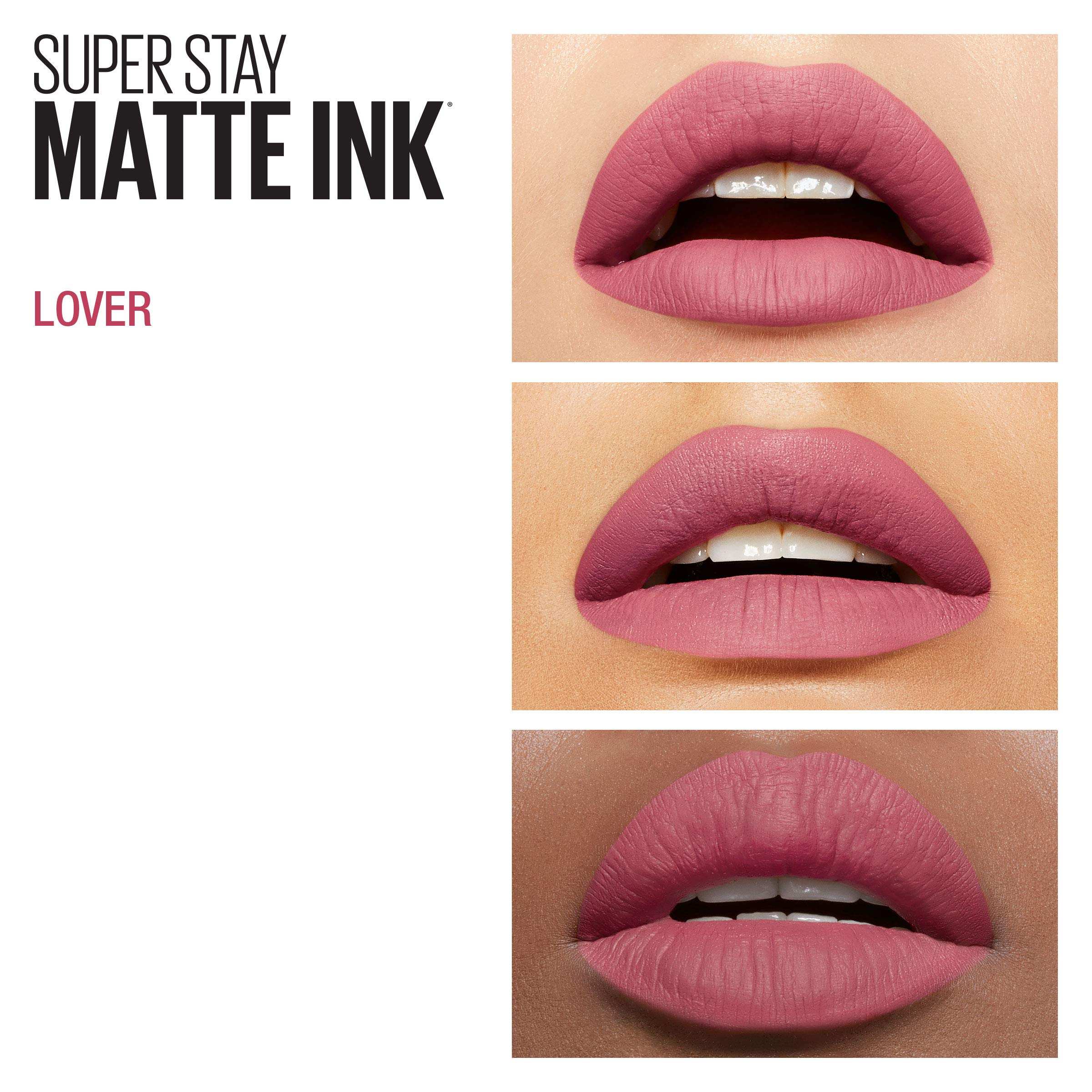 Maybelline SuperStay Matte Ink lipstick in shade Lover shown on three models lips in mauve pink