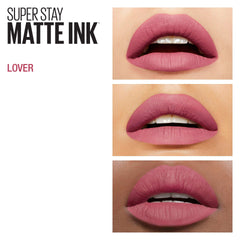 Maybelline SuperStay Matte Ink lipstick in shade Lover shown on three models lips in mauve pink