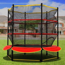 Trampoline enclosure with black posts, yellow top bar, and red side net padding