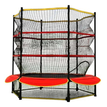 Trampoline with black safety net enclosure, yellow frame, and red jump pads