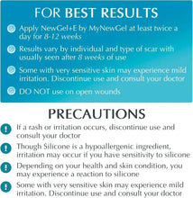 Scar gel instructions and precautions panel with warnings and DO NOT use text