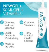 Scar gel + vitamin E tube with benefit icons and medical-grade silicone