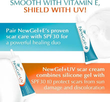 NewGel+E UV SPF30 scar care duo shown with gel and cream tubes