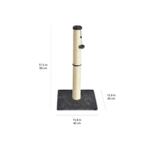 Cat scratching post with tall sisal post, dark square base, and dangling ball toy