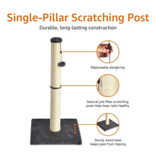 Cat scratching post with sisal-wrapped pole, gray base, and dangling gray ball toy; feature callouts