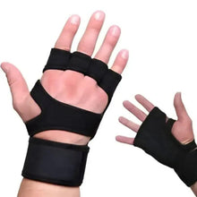 Black fitness gloves with padded knuckles and wrist straps shown on open hands