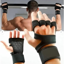 Black fingerless fitness gloves with padded knuckles and wrist wraps on hands
