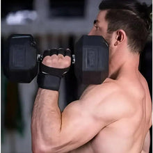 Black fitness gloves on hands gripping a dumbbell during a workout