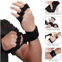 Black fitness gloves with padded knuckles and adjustable wrist straps on a hand