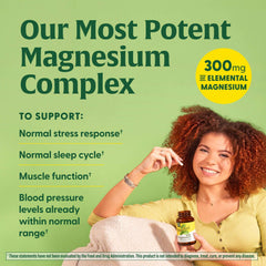 MegaFood magnesium supplement 300mg bottle held by smiling woman with product benefits text