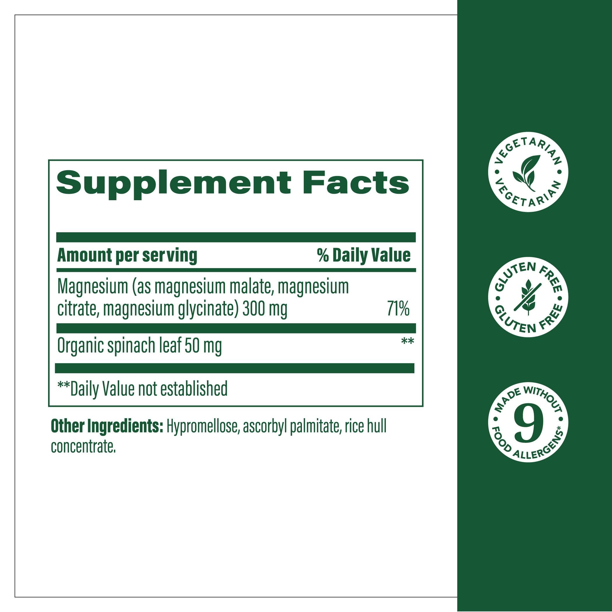 Megafood supplement facts label showing magnesium supplement 300mg with organic spinach leaf 50mg and vegetarian gluten free icons