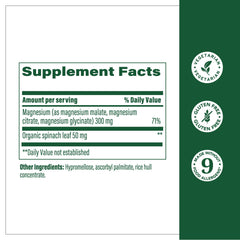Megafood supplement facts label showing magnesium supplement 300mg with organic spinach leaf 50mg and vegetarian gluten free icons