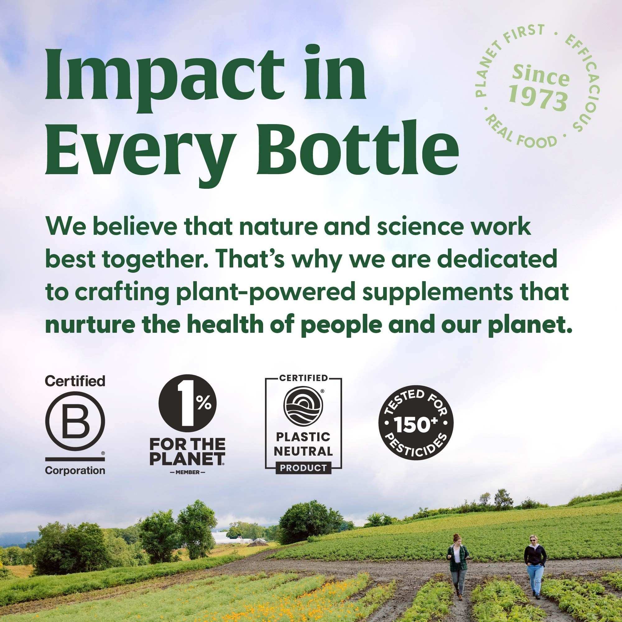 Megafood Impact in Every Bottle label over farm landscape with certification logos and magnesium supplement 300mg