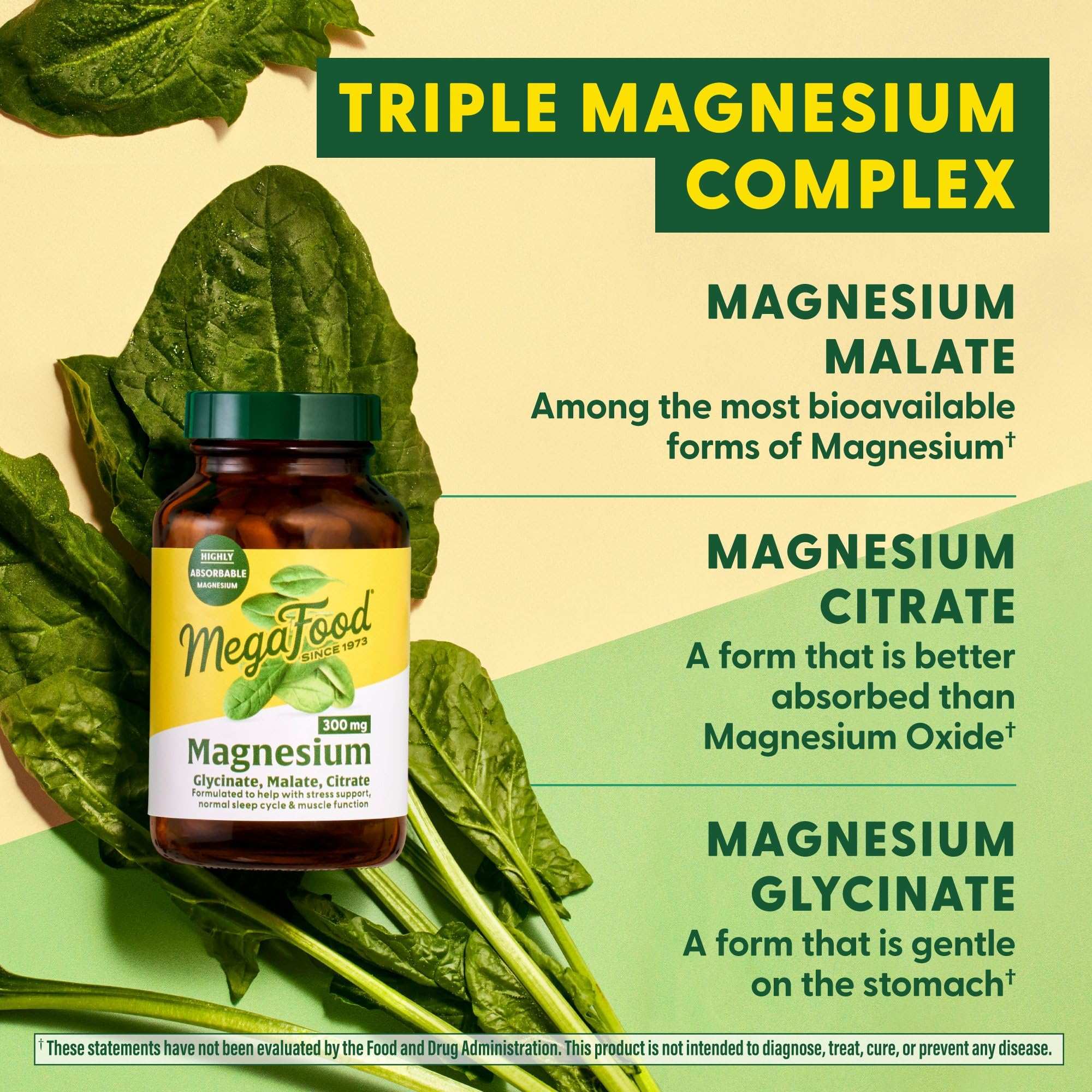 MegaFood magnesium supplement 300mg bottle Triple Magnesium Complex with spinach and labels for malate citrate glycinate