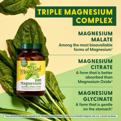 MegaFood magnesium supplement 300mg bottle Triple Magnesium Complex with spinach and labels for malate citrate glycinate