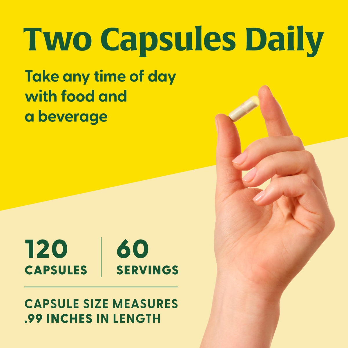 Megafood magnesium supplement 300mg capsule held between fingers with Two Capsules Daily dosing info and 120 capsules 60 servings