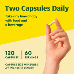 Megafood magnesium supplement 300mg capsule held between fingers with Two Capsules Daily dosing info and 120 capsules 60 servings