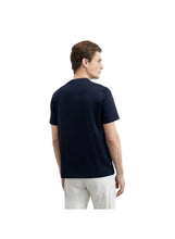 Navy blue crew-neck short-sleeve cotton T-shirt, back view