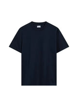 Navy blue crew-neck short-sleeve cotton T-shirt, flat front