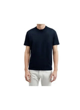 Navy blue crew-neck short-sleeve cotton T-shirt, front view