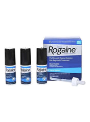 Men’s Rogaine 5% hair regrowth solution in three bottles, ideal for effective hair loss treatment