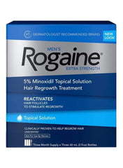 Men’s Rogaine 5% hair regrowth solution in a three-month supply with unscented topical treatment
