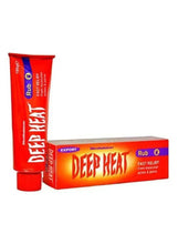 Deep Heat rub cream tube and carton box, red and blue