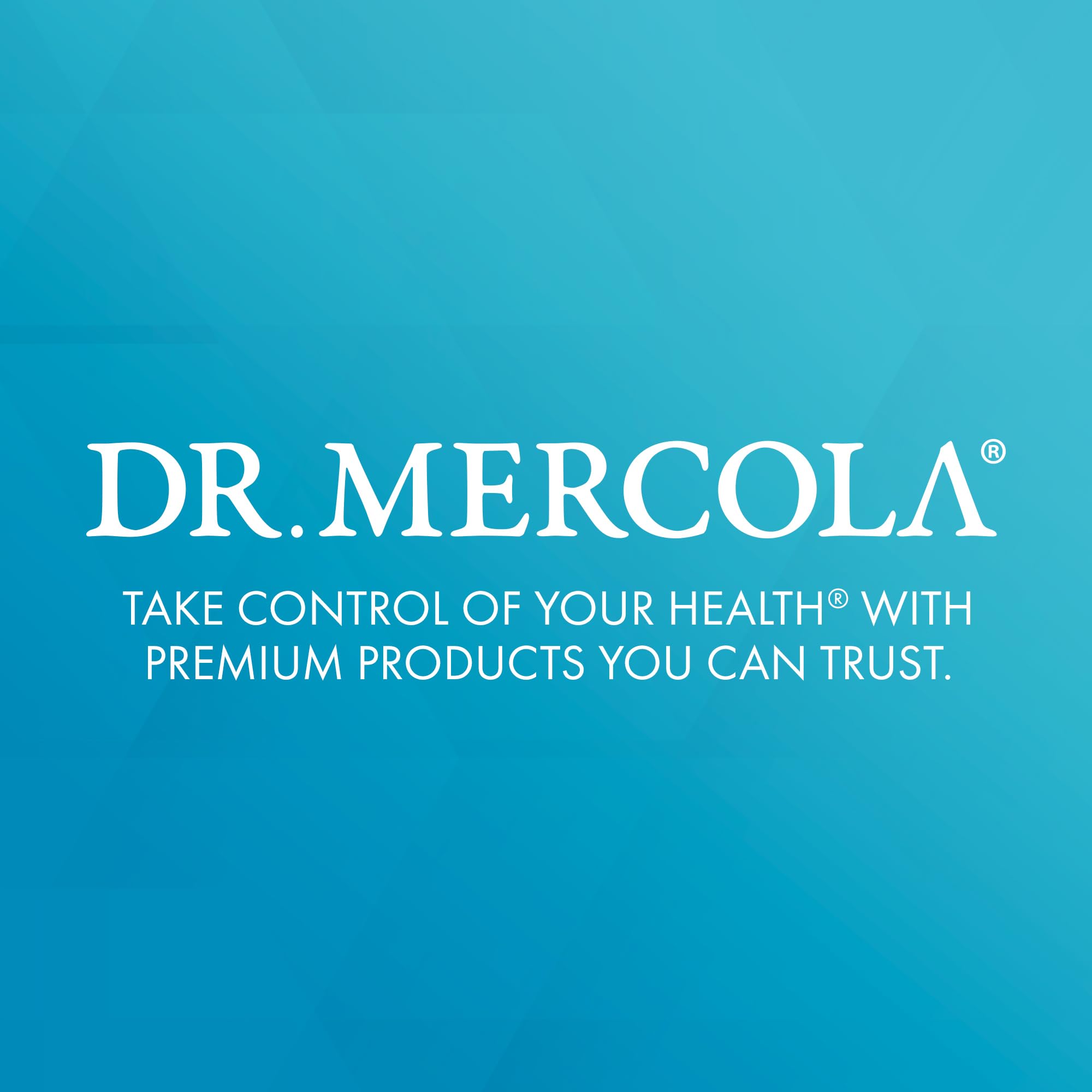 Dr. Mercola fermented chlorella tablets brand logo on turquoise blue background with wellness tagline
