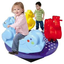 Plastic pony merry-go-round ride with two kids, light-blue horses, purple base, red seats