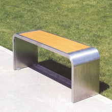 Metal outdoor bench with orange seat and silver sides, raised open base