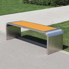 Metal outdoor bench with orange seat plank and silver frame for outdoor seating