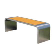 Metal outdoor bench with orange seat and silver frame, open ends
