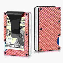 Metal RFID wallet for credit cards, pink woven look, black center plate, corner screws