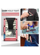 Metal RFID wallet held in front pocket, pink woven front with black card insert