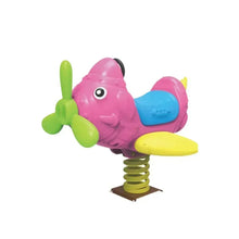 Colorful spring rocking horse rider with metal spring base, pink and blue seat