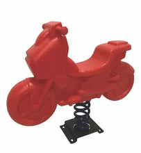 Red metal spring rocking horse rider with curved seat and visible spring base