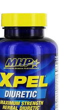 XPEL diuretic supplement bottle close-up with yellow cap and blue label
