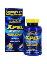 XPEL diuretic dietary supplement bottle and box, 80 capsules, yellow cap