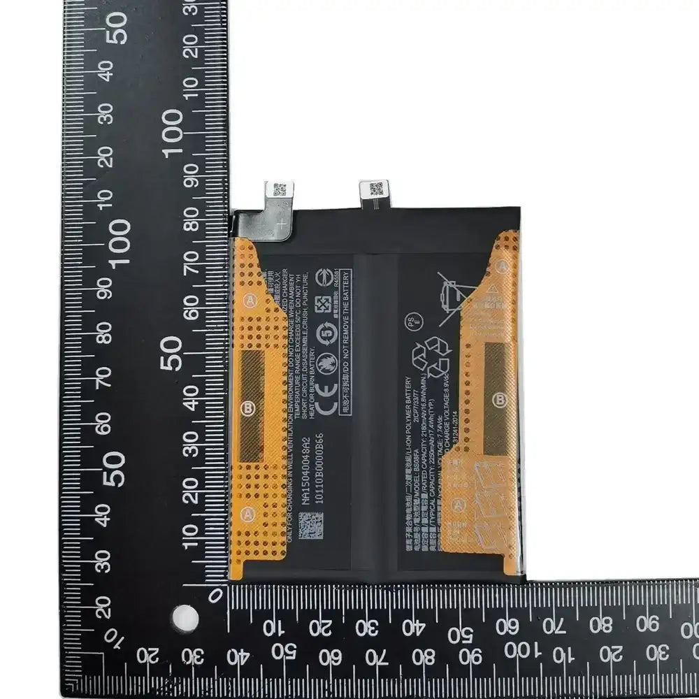 Mumzar Xiaomi Black Shark 4 Pro replacement battery with dual flex connectors and rulers showing dimensions