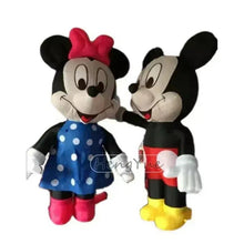 Inflatable mouse figures: Minnie-style in blue dress with red bow, Mickey-style in red-and-black