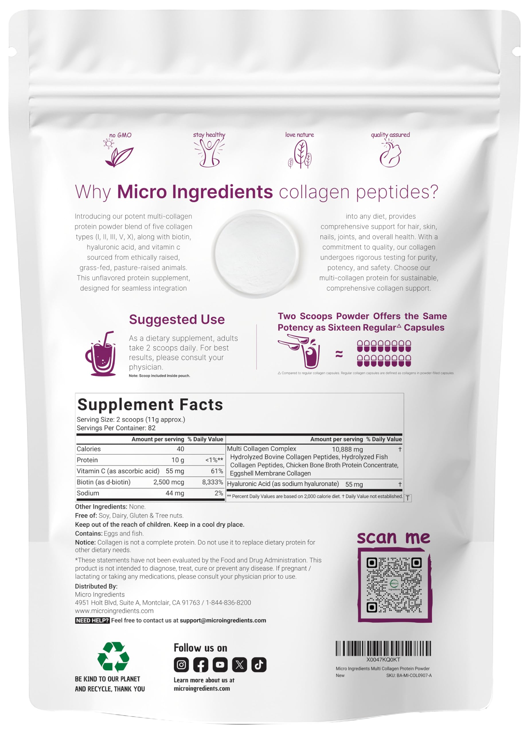 Micro Ingredients multi collagen peptides powder UAE white resealable pouch back label with supplement facts and suggested use