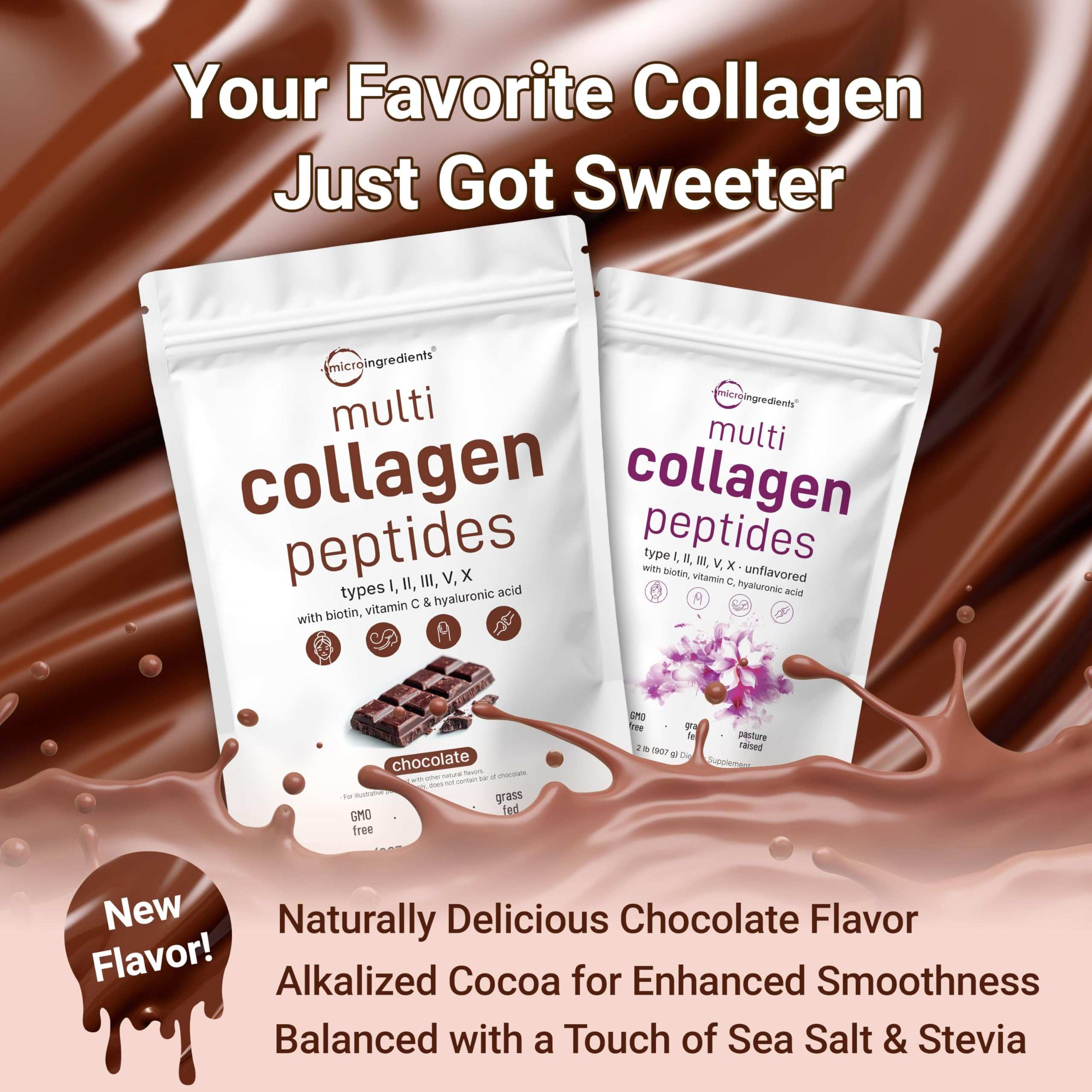 Micro Ingredients multi collagen peptides powder UAE chocolate flavor pouches with chocolate splash and new flavor text