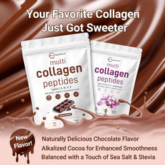 Micro Ingredients multi collagen peptides powder UAE chocolate flavor pouches with chocolate splash and new flavor text