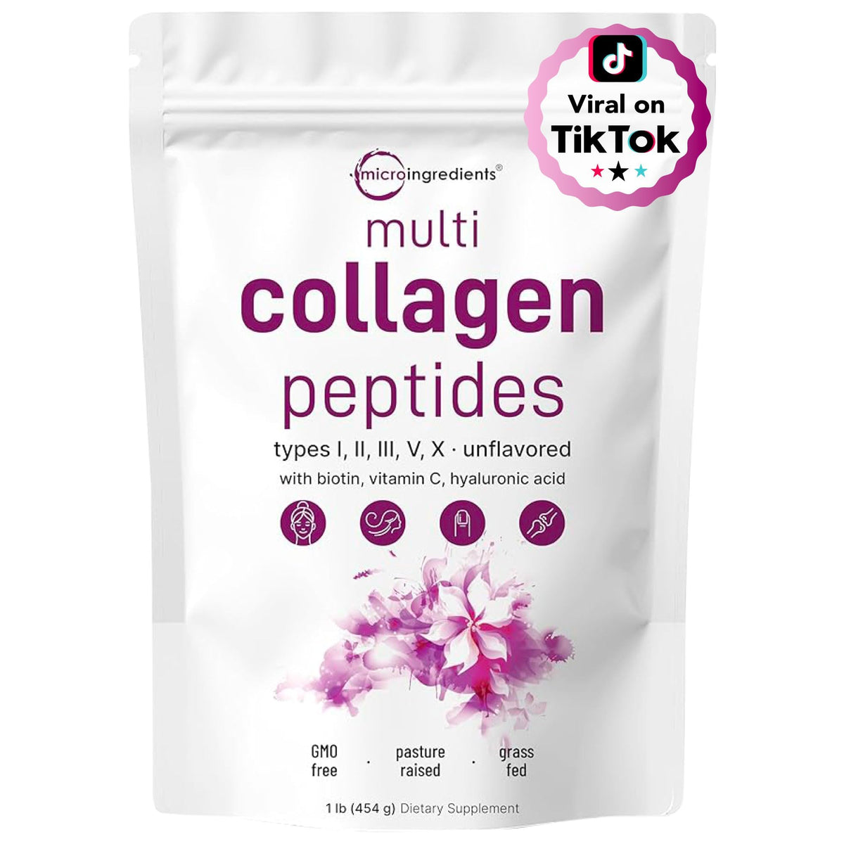 Micro Ingredients multi collagen peptides powder resealable white pouch unflavored with biotin